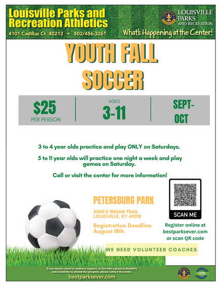 parks' fall soccer youth leagues signup poster