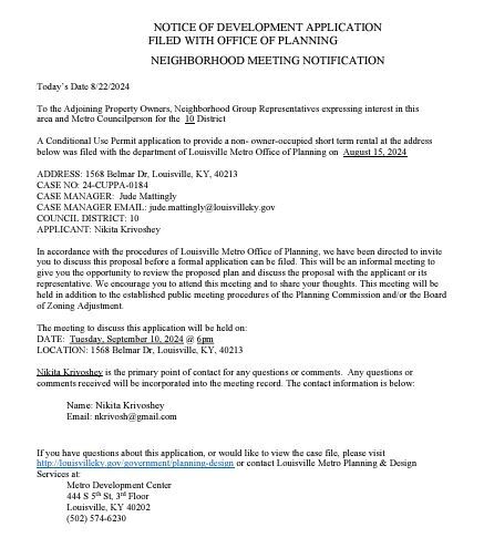 Neighborhood letter re Belmar short term rental