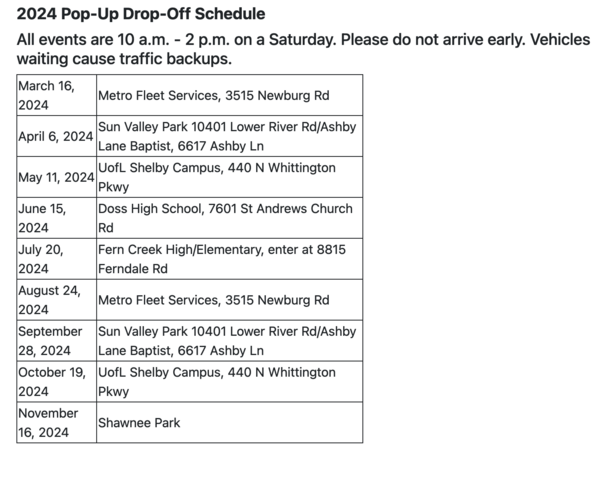 pop up drop off schedule 2024