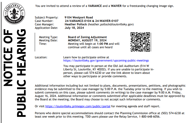Notice of Public Hearing - 9104 Westport Road