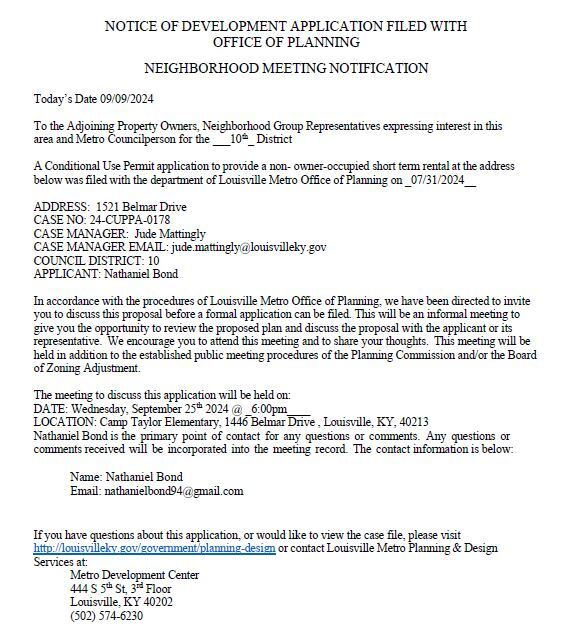 Neighbor meeting letter for 9 25 re 1521 Belmar Drive