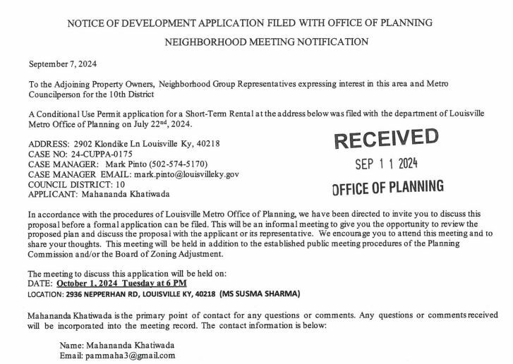 Neighborhood letter re 2902 Klondike Lane 10 1