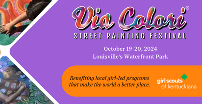 Purple and orange banner with photos that reads "Via Colori Street painting festival, October 19-20, 2024