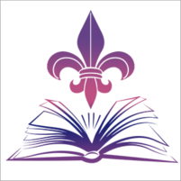 White tile with purple and pink gradient open book and fleur-de-lis above the book