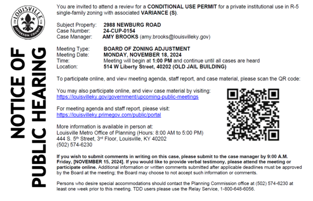 notice for 11 18 hearing regarding 2988 Newburg Road