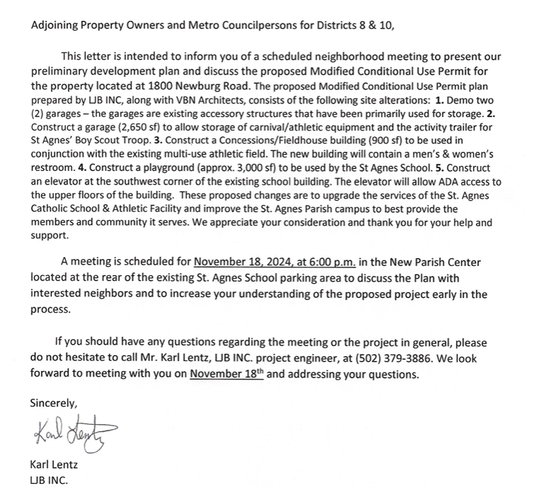 neighborhood letter page 1 for 1800 Newburg Road