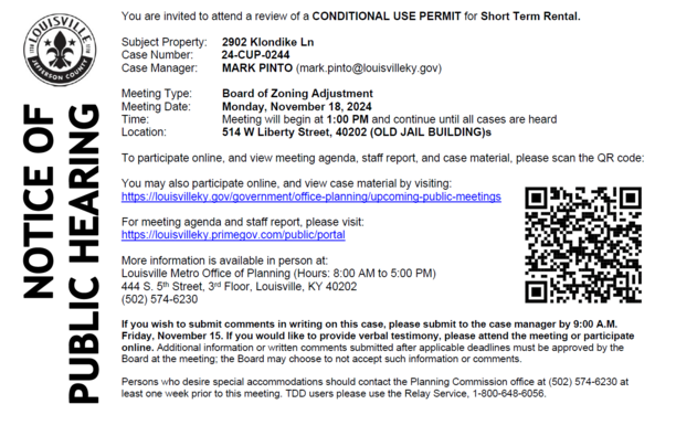 hearing notice for 11 18 re 2902 Klondike Lane