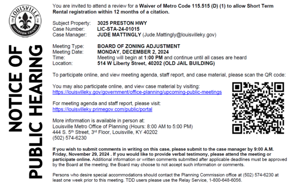 3025 Preston Highway hearing notice 12 2