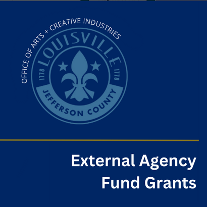 Blue square tile with metro seal and text that reads "External Agency Fund Grants". Text around the seal reads "Office of arts + Creative Industries