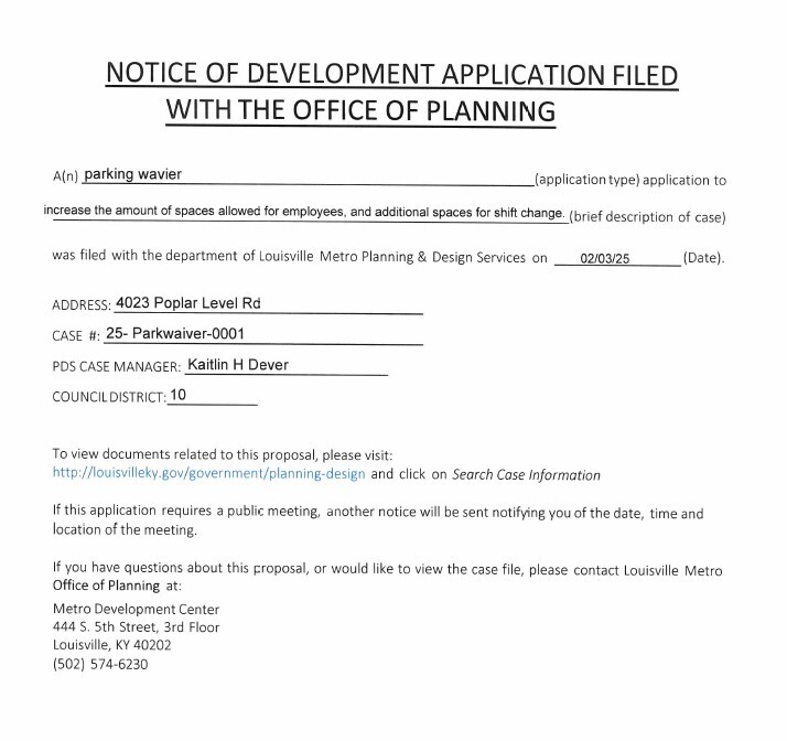 4023 Poplar Level Road parking waiver notice