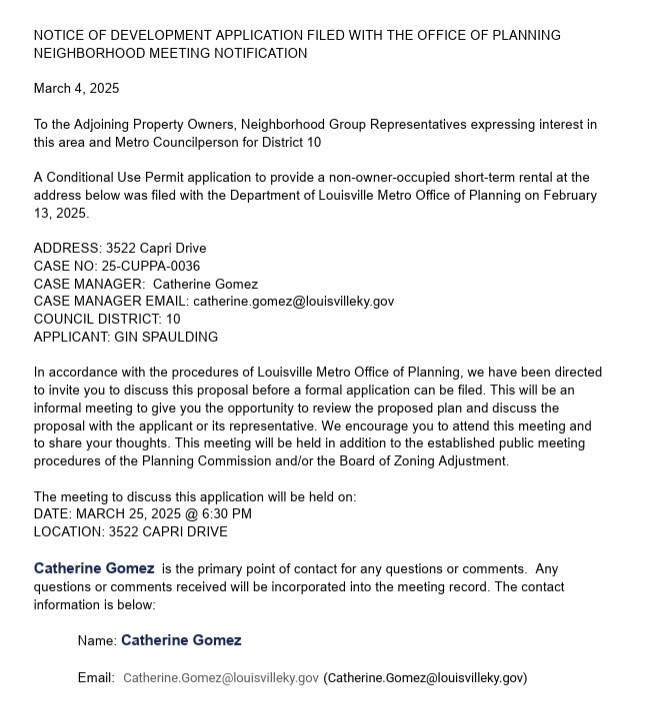 3522 Capri Drive neighbor letter re STR