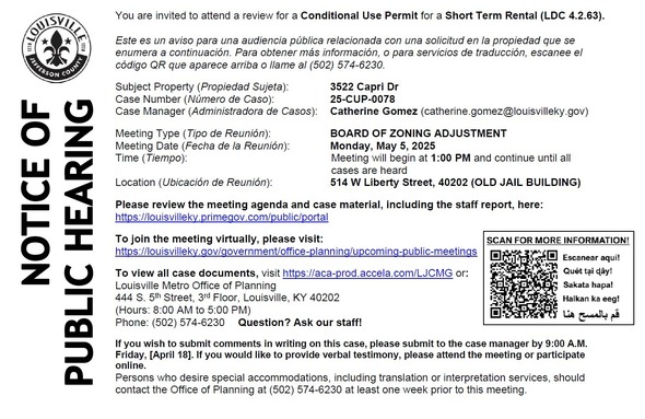 3522 Capri Drive May 5 hearing notice