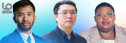 Photo banner with Louisville Orchestra logo featuring three composers: two asian men wearing suits and a black woman wearing a plaid blazer