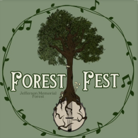 Graphic tile featuring a banjo joined to a tree. A leaf wreath with music notes circles image with white text that reads "Forest Fest")