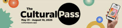 Image banner with colorful abstract shapes and a hand holding a phone with a QR code. Text reads "Cultural Pass"
