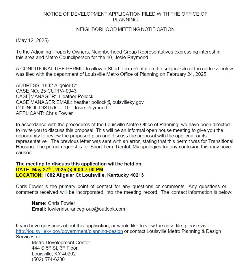 Neighbor letter regarding 1882 Allgeier Court STR 