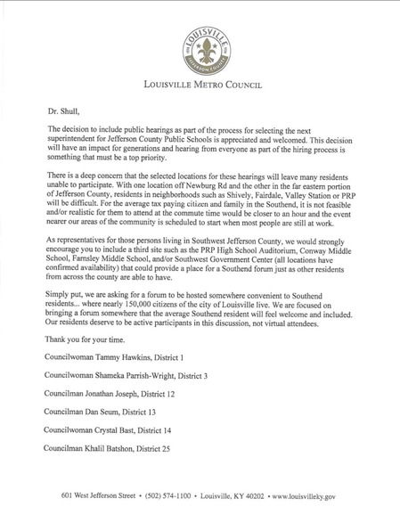 Letter to JCPS Board Chairman