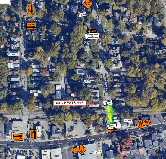 Louisville Water Company Road Closure Notification: N. Keats Ave between Frankfort Ave and Sycamore Ave