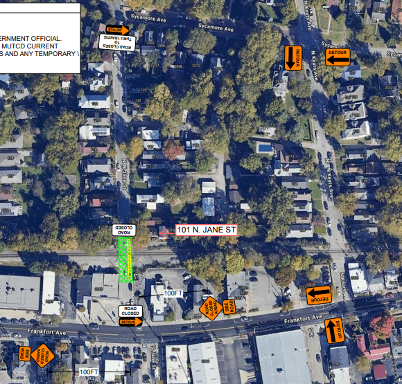 Louisville Water Company Road Closure Notification: N. Jane St between Frankfort Ave and Sycamore Ave