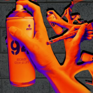 Orange and purple hands spray painting and brush painting