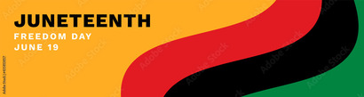 Yellow Juneteenth banner with Black pride colors. text reads "Juneteenth Freedom Day - June 19th"