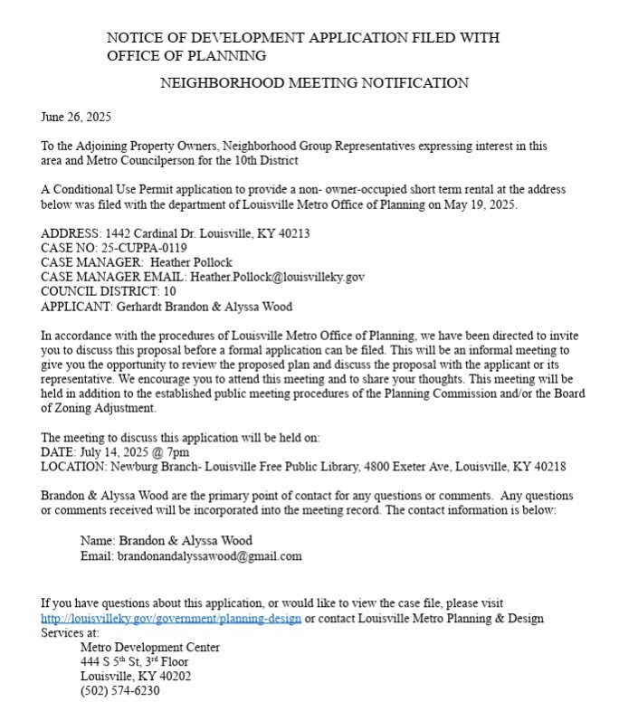 Neighbor letter for 1442 Cardinal Drive July 14 mtg