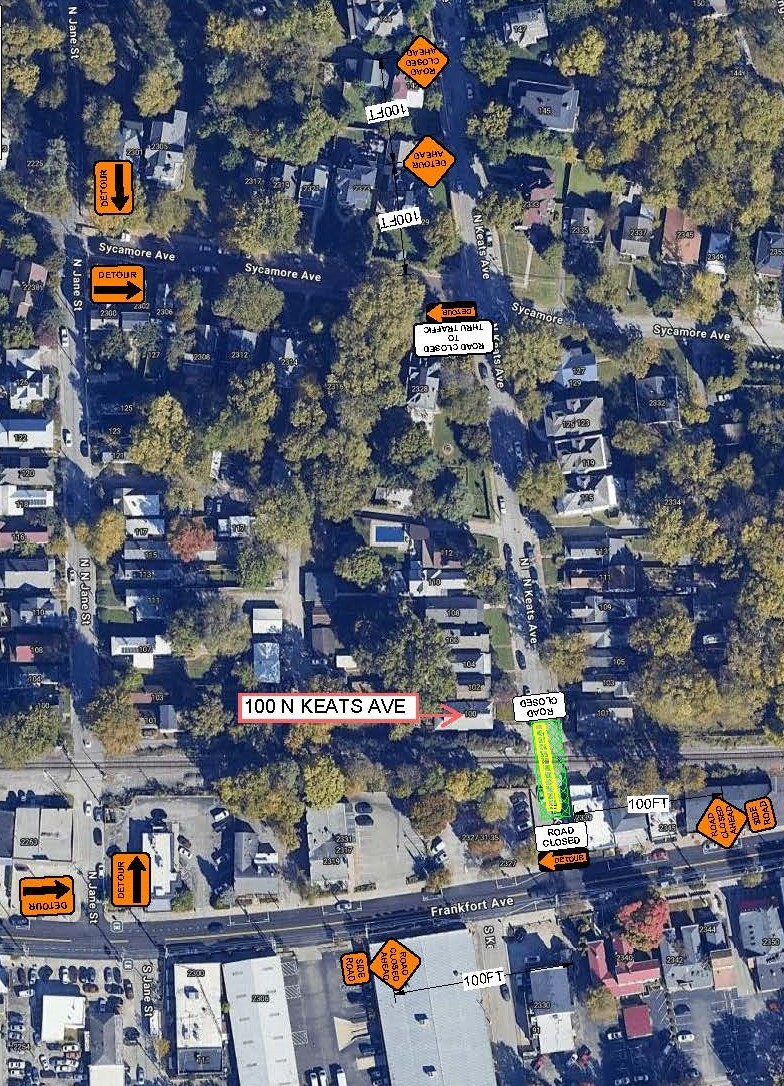 Louisville Water Company Road Closure Notification: N. Keats Ave between Frankfort Ave and Sycamore Ave
