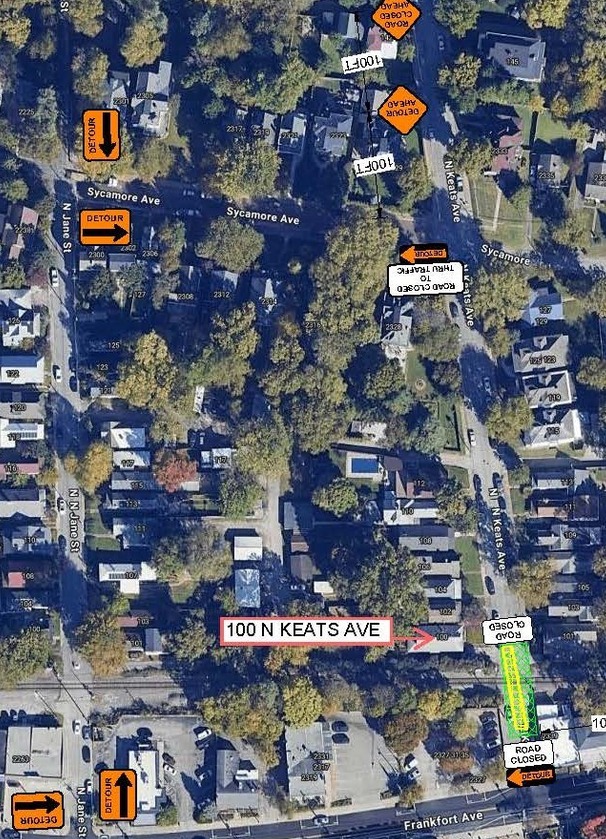 Louisville Water Company Road Closure Notification: N. Keats Ave between Frankfort Ave and Sycamore Ave