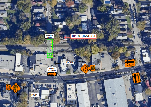 Louisville Water Company Road Closure Notification: N. Jane St between Frankfort Ave and Sycamore Ave