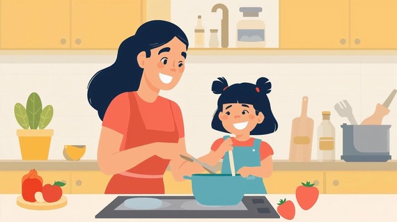 Latina family cooking together