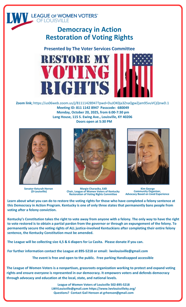 League of Women Voters of Louisville Presents Democracy in Action: Restoration of Voting Rights