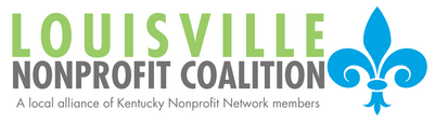 Green and grey text with blue fleur de lis reads "Louisville nonprofit coalition, a local alliance of Kentucky nonprofit network members