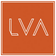 Louisville visual Arts logo, a rust orange background with white capitalized text that reads the letters "LVA"