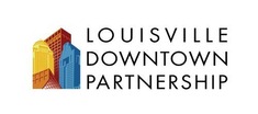 Logo of Louisville downtown partnership. black text that reads "Louisville downtown partnership" with yellow, red, and blue buildings together