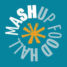 Mashup food hall logo, a teal background with an orange asterisk, and white circling text that reads "Mash Up Food Hall"