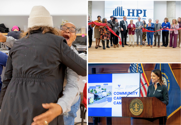 Collage of a hug at Gateway event, a ribbon-cutting ceremony at Gateway and presentation on Community Care Campus.