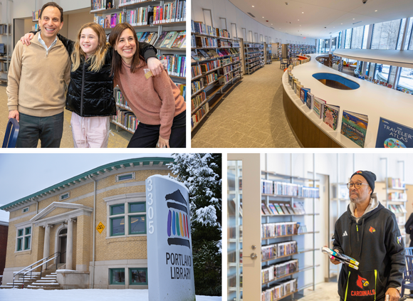 Portland Library collage showing its snowy exterior, modern interior with bookshelves, and visitors browsing and holding books.