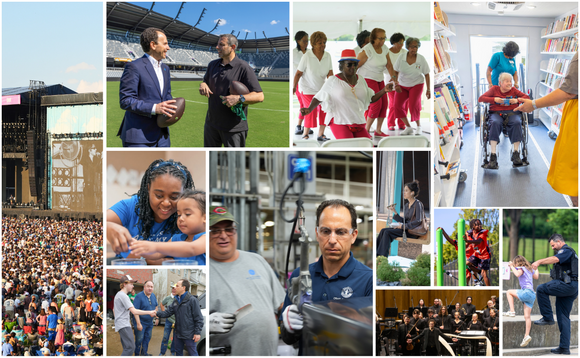 Collage of community life: a concert crowd, sports field meeting, ribbon dancers, library visit, factory work, outdoor play, and orchestra performance