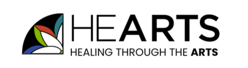 Black text that reads "HeARTS healing through the arts" with part of HeARTS logo, white flower with multicolor outlines