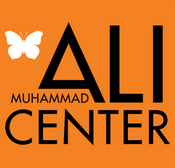 Muhammad ali center logo, orange background, white butterfly and black text that reads "Muhammad Ali center"