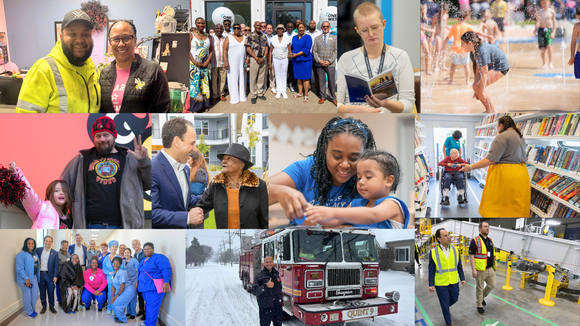 Collage of images of city workers, medical staff, factory workers, parks, and city officials