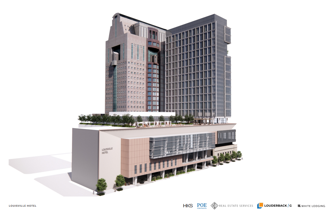 Rendering of a building to show transformation into a new hotel