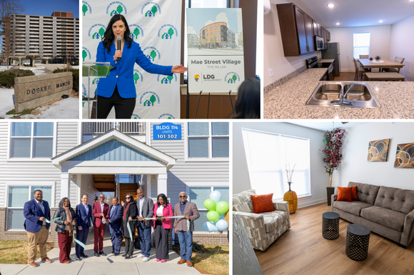 Images of inside and outside apartment buildings and renderings of new buildings with officials