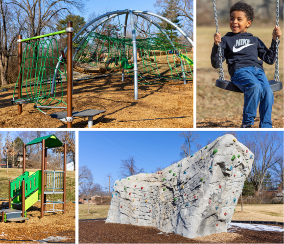 A new park with slides, rope net, climbing wall, and child on swing