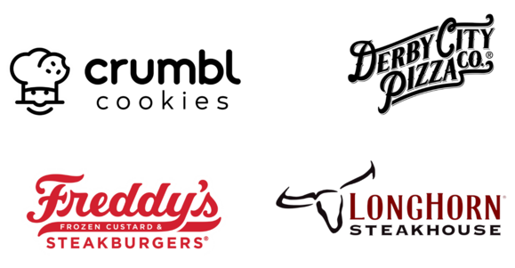 Logos for crumbl cookies, derby city pizza, freddy's, and longhorn steakhouse