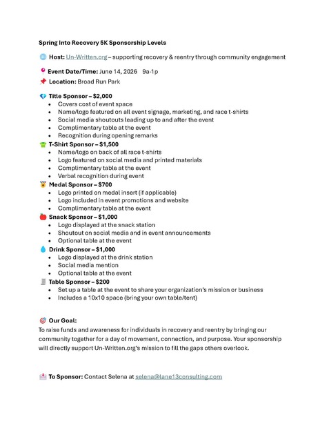 Spring Into Recovery 5K Sponsorship Levels