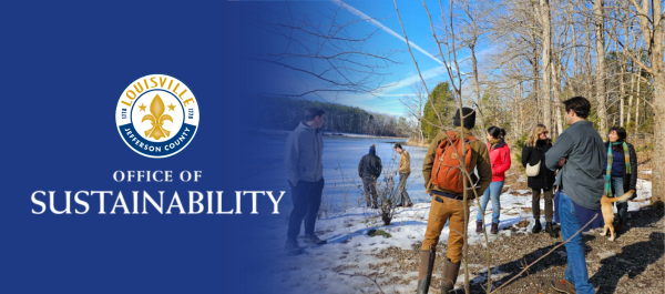 Office of Sustainability banner with people in coats hiking around a pond with light snow on the ground