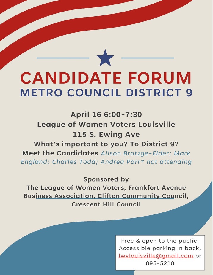 The League of Women Voters invites you to attend the April 16 Metro District 9 Candidate Forum and to meet the candidates