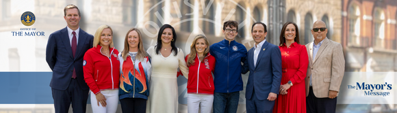 Office of the Mayor - The Mayor's Message - Banner with photos of people at an athletic event