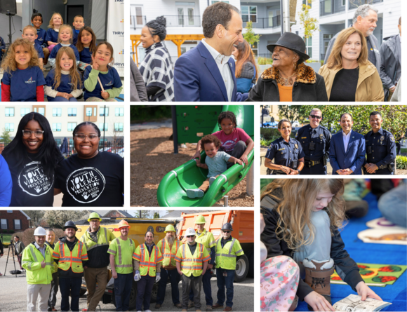 A collage of photos of kids, workers, elected officials, and community members